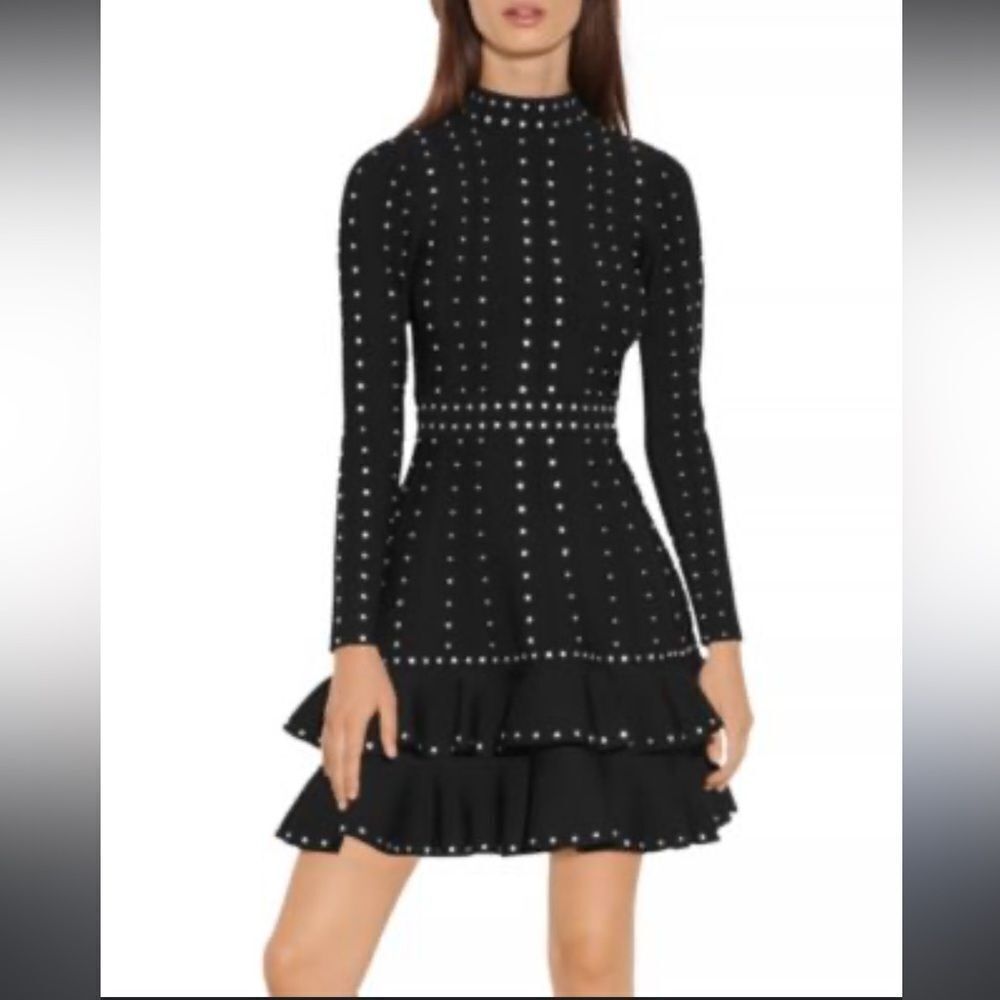 Sandro black silver knit studded mini dress tiered Asya 34 - Picture 3 of 11